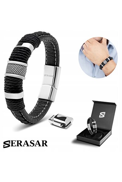 NO BRAND Serasar, brățară din piele pentru bărbați, cu inel de argint, 20cm