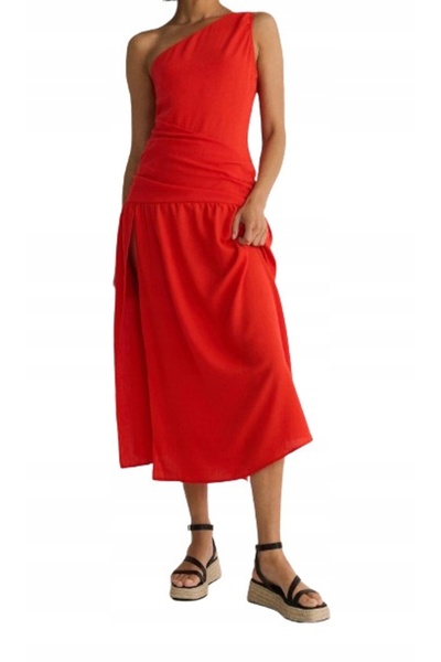 NO BRAND Rochie clasică roșie pe un umăr, lungime midi, uni, Reserve S