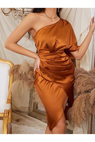 NO BRAND Rochie elegantă asimetrică din satin, cu un umăr, culoare cupru, She...