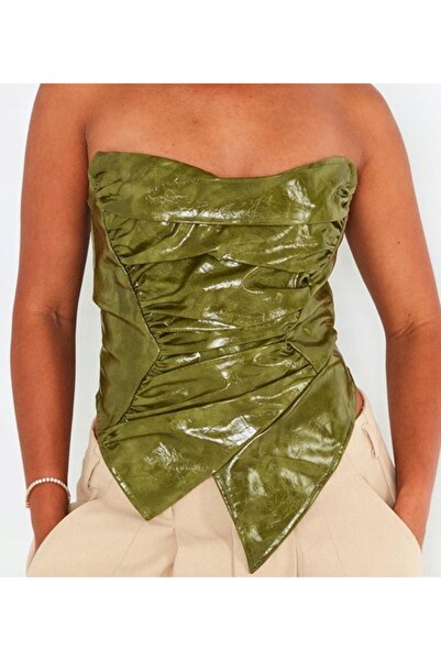 NO BRAND Top corset asimetric kaki din piele ecologică, încrețit, Prettylittl...