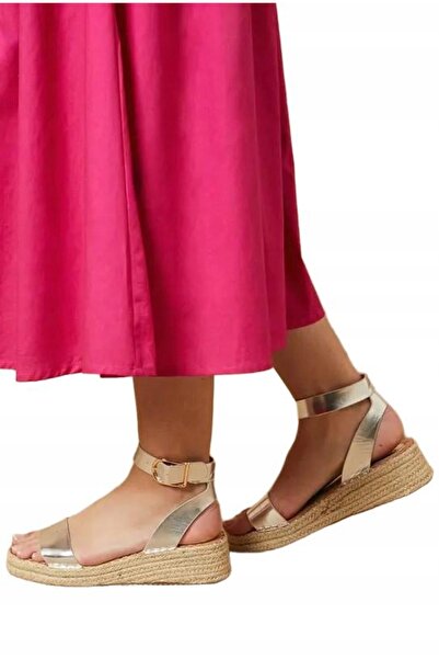 NO BRAND Sandale metalice Srebne cu platformă, tip espadrille, din piele ecol...