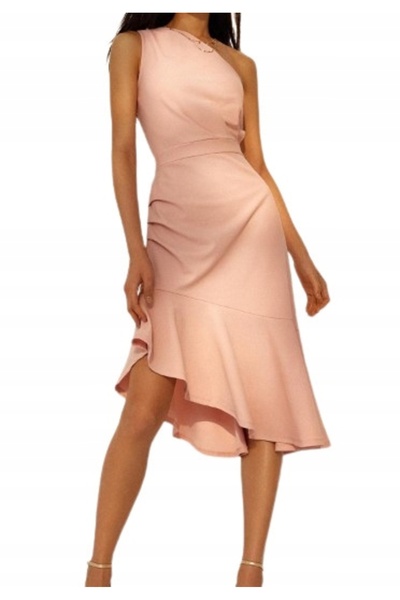 NO BRAND Rochie asimetrică roz, cu volane, drapată, pe un umăr, mărimea S