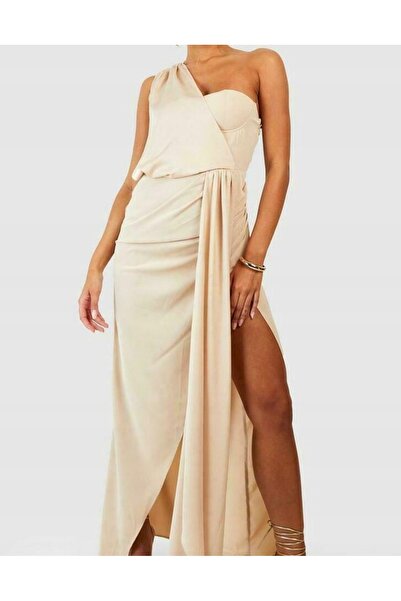 NO BRAND Rochie maxi asimetrică bej, rochie de seară, cu șliț, Boohoo 40