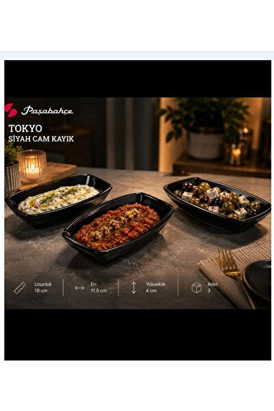 Paşabahçe 3-Piece Tokio Black Glass Mezze Bowl, 18 cm Length, 11.5 cm Width, ...