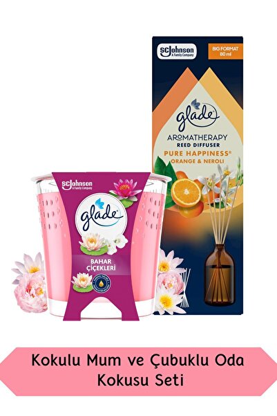 Glade Bahar Çicekleri Kokulu Mum 112gr ve Aromaterapi Portakal ve Neroil Çiçeği Kokulu Çubuklu Oda Kokusu