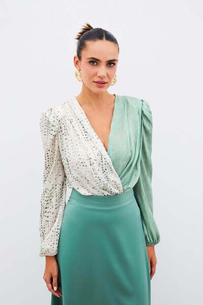 Sateen Kruvaze Desenli Bodysuit