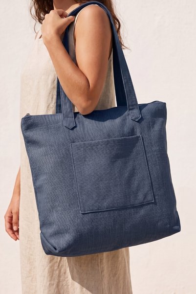 Cortibo Datça Linen Shoulder Bag with Zipper - Navy Blue