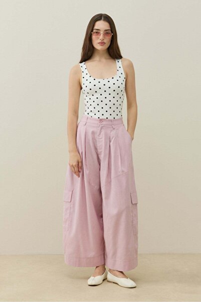 Molene Pembe Kargo Cepli Crop Keten Pantolon