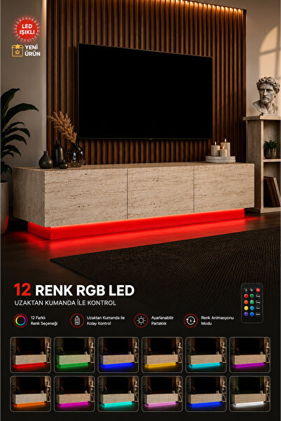 webotto 8 Almad RGB LED Işıklı Tv Ünitesi Traverten Desen Tv Sehpası Kumandal...