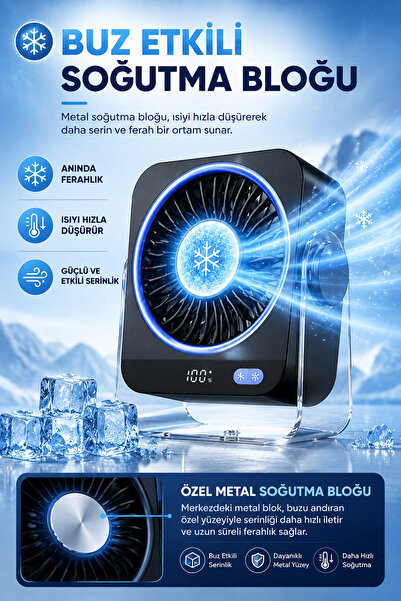 Merwish Masaüstü Turbo Buzlu Fan 5 Kademeli Hız Ayarlı Metal Soğutma Bloklu 4000 mAh Şarjlı Sessiz Mini Vantilatör 180° Ayarlanabilir USB Type-C