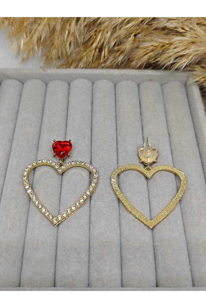 ZEYKU ACCESSORİES Red Zircon Heart Detailed Zircon Stone Dangle Earrings - Nighttime Elegance
