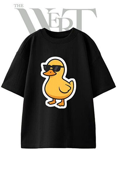 THEWERT Μπλουζάκι Unisex με στάμπα Duck with Glasses Design, Μαύρο Oversize
