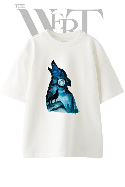 THEWERT Howling Wolf Moon Design Printed Unisex White Oversize T-Shirt