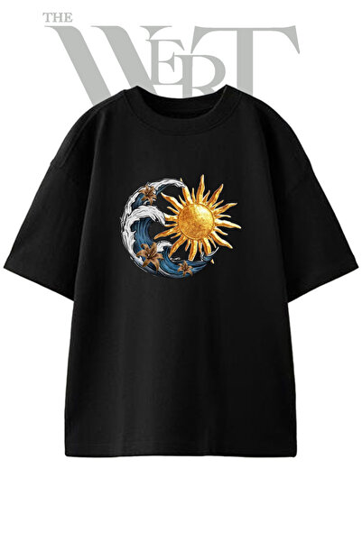 THEWERT Sun Wave Design Printed Unisex Black Oversize T-Shirt