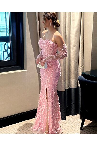 FASHION فستان سهرة فاخر بتطريز ورد ثلاثي الأبعاد وخرز لامع مع أكمام شفافة وفت...