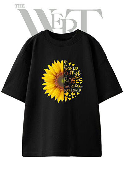 THEWERT تي شيرت أسود كبير الحجم مطبوع عليه تصميم Sunflower Quote للجنسين