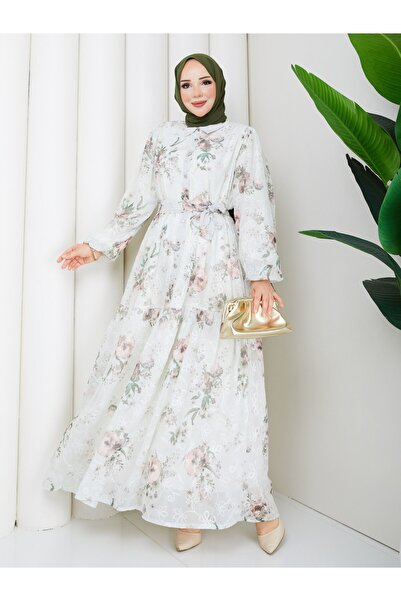 asyadabutik Women's Embroidered Waist Tie Chiffon Plus Size Floral Dress