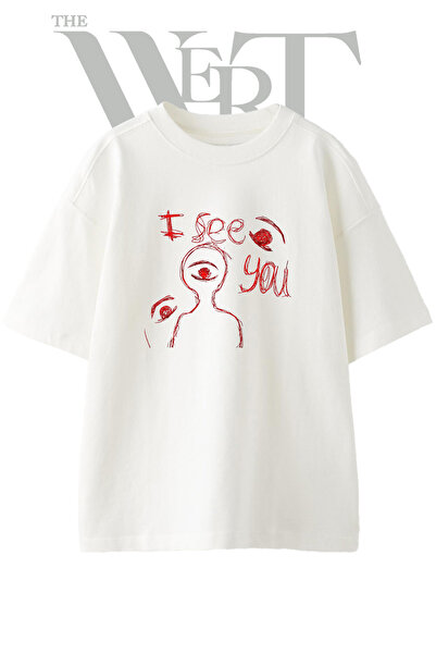 THEWERT Tricou oversize alb unisex cu imprimeu Tek Goz Figure Design