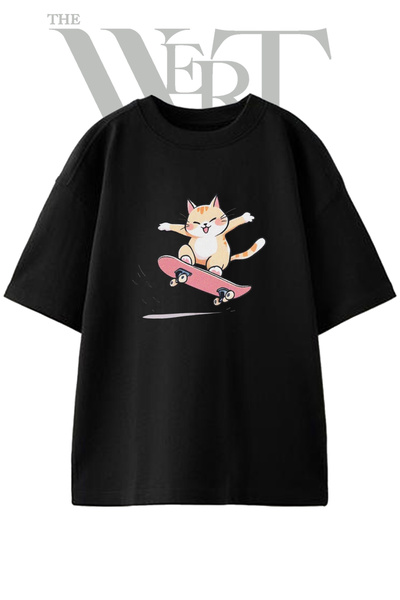 THEWERT Cat Skateboard Design Printed Unisex Black Oversize T-Shirt