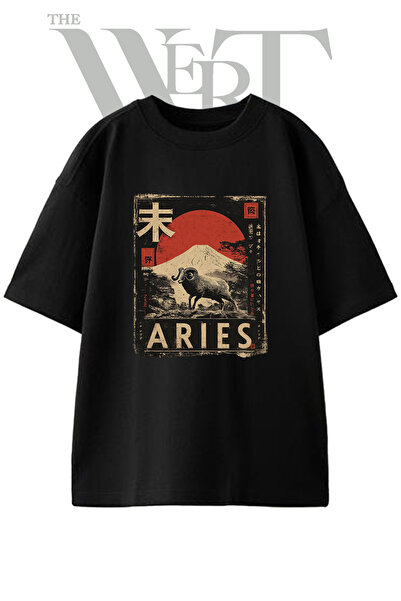THEWERT تي شيرت أسود كبير الحجم مطبوع بتصميم Aries Ram للجنسين