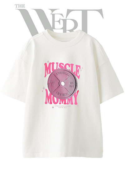 THEWERT Muscle Mommy Plate Design Printed Unisex White Oversize T-Shirt