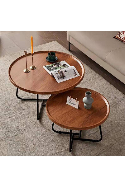 KEKE Round Nesting Coffee Table Set of 2, Modern Wooden Coffee Table with Met...