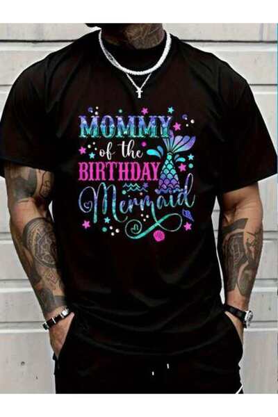 4CR تي شيرت رجالي من القطن بنسبة 100% مطبوع عليه Mommy Of The Birthday Mermai...
