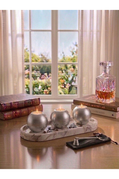 LUNİVAA HOME Dekoratif Mermer Desenli Oval Tepsi ve 3'lü Yuvarlak Top Mumluk ...