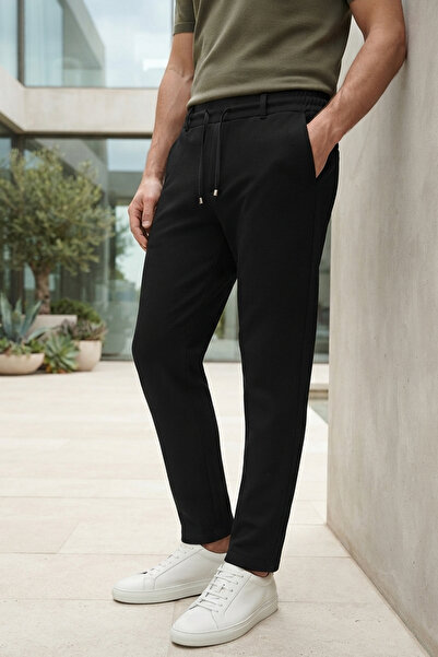 Cazador Men's Regular Fit Black Trousers Elastic Waist Lace-Up Casual Trousers