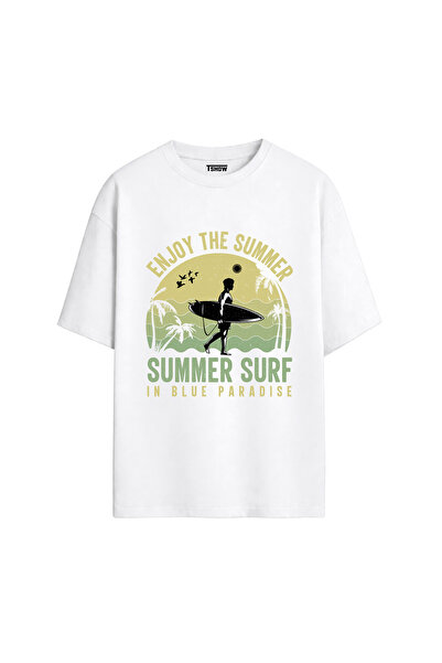 Summer Surf Baskılı PREMİUM Bisiklet Yaka %100 Pamuk kısa kollu Oversize Tshirt E-02
