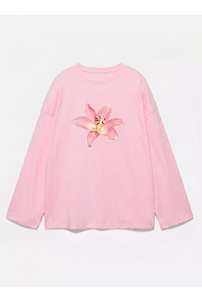 Disante %100 Pamuk Oversize Fit Lily Baskılı - Bisiklet Yaka Uzun Kollu T-shirt