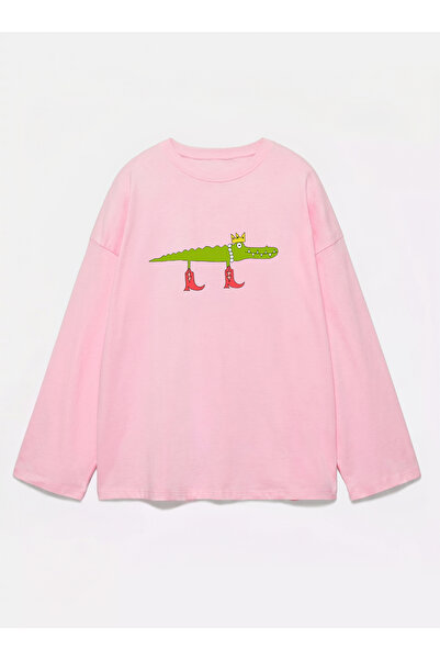 Disante 100% bumbac, croială supradimensionată, imprimeu crocodil - Tricou cu...