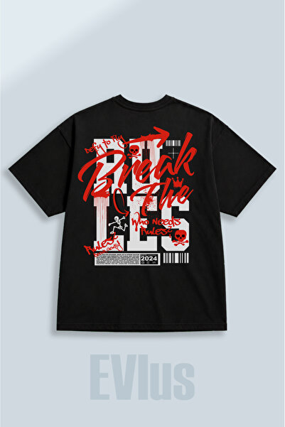 EVIus Oversize Break the Rules Printed 100% Cotton Crew Neck Loose Fit Black ...