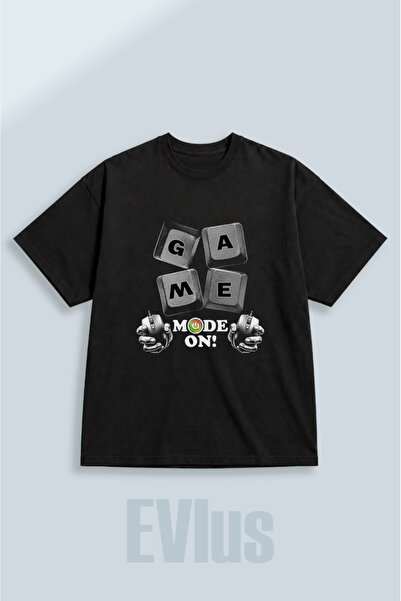 EVIus Oversize Game Mode on Printed 100% Cotton Crew Neck Loose Fit Black T-S...