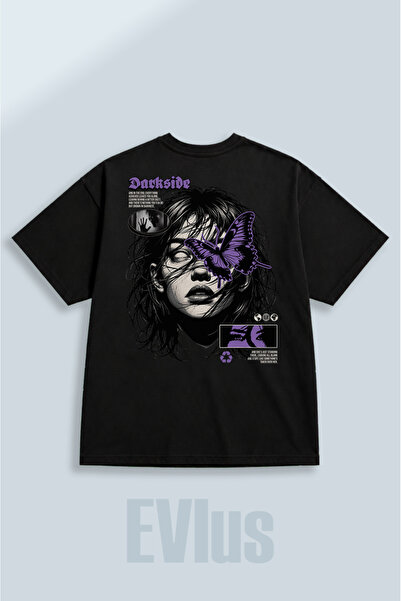EVIus Oversize Darkside Printed 100% βαμβακερό μπλουζάκι με λαιμόκοψη και φαρ...