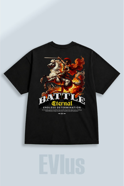 EVIus Oversize Eternal Battle Printed 100% Cotton Crew Neck Loose Fit Black T...