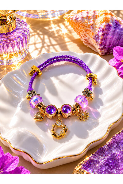 Genel Markalar Lavender Sunset Charm Çelik+Deri Bileklik