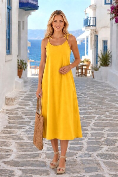 Veraura Lifestyle Yellow Rope Strap Linen Dress