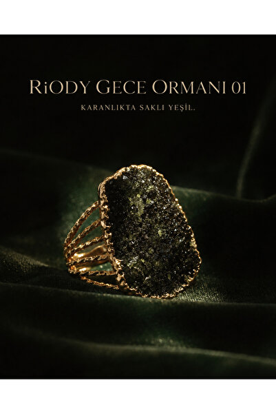 RiODY Gece Ormanı 01 Koyu Yeşil Büyük Doğal Taşlı Gold Kaplama Kafes Form Kad...