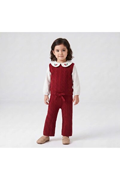LİLİYUM Girl's Knitwear Vest and Trousers Set with Cherry Collar Shirt, 3-Pie...