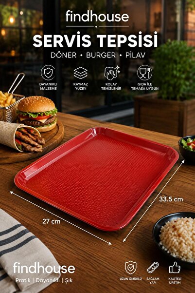 findhouse Kırmızı Servis Tepsisi 27x33,5cm Fast Food , Burger , Döner , Pizza...