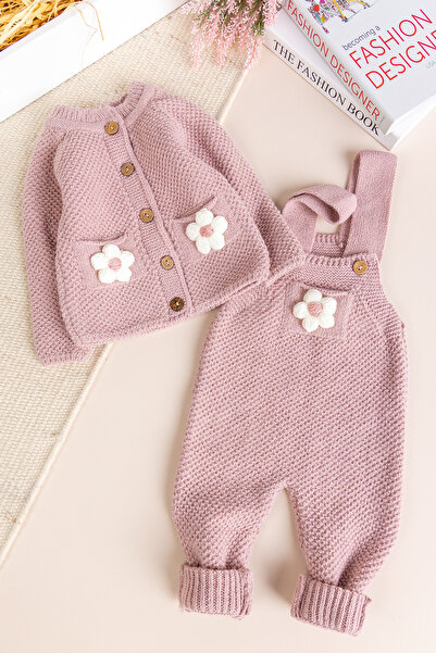 Babymod Soft Textured Knitwear Cardigan Baby Girl Knitted Salopet Jumpsuit Set