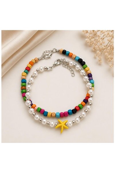 Bijustore Bamboo Beads - Pearl - Yellow Star Women's Anklet