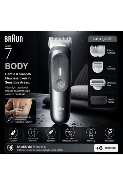 Braun Vücut Tıraş Makinesi Series 7, +6 Aksesuar, Kompakt, Smartlight, BG7550