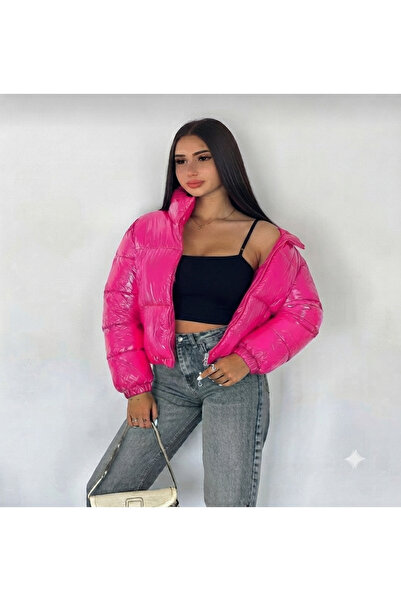 ladyzey palton scurt pufos de damă, fucsia strălucitor, cu guler înalt și fer...