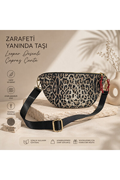 Kapitone Kumaş Mini Omuz Çantası Ayarlanabilir Askılı Günlük Omuz Çantası - Siyah / Leopar