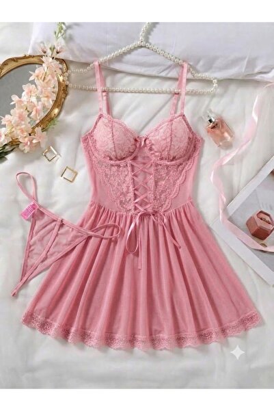 Reve De Mode PEMBE TÜL GECELİK VE TANGA TAKIMI