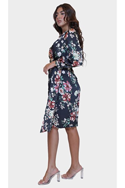 2TRENDY Women's Floral Print Long Sleeve Wrap Midi Dress - Navy Floral