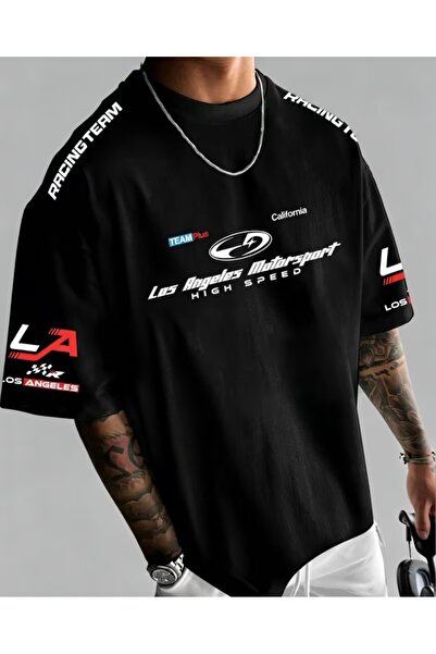 EURO CODE Muška oversize crna majica sa printom – Racing Team Los Angeles Mot...