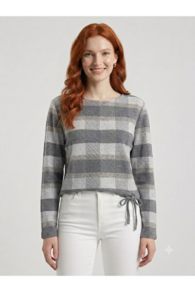 Neden Tekstil Women's Checkered Knit Sweater - Relaxed Fit, Long Sleeves